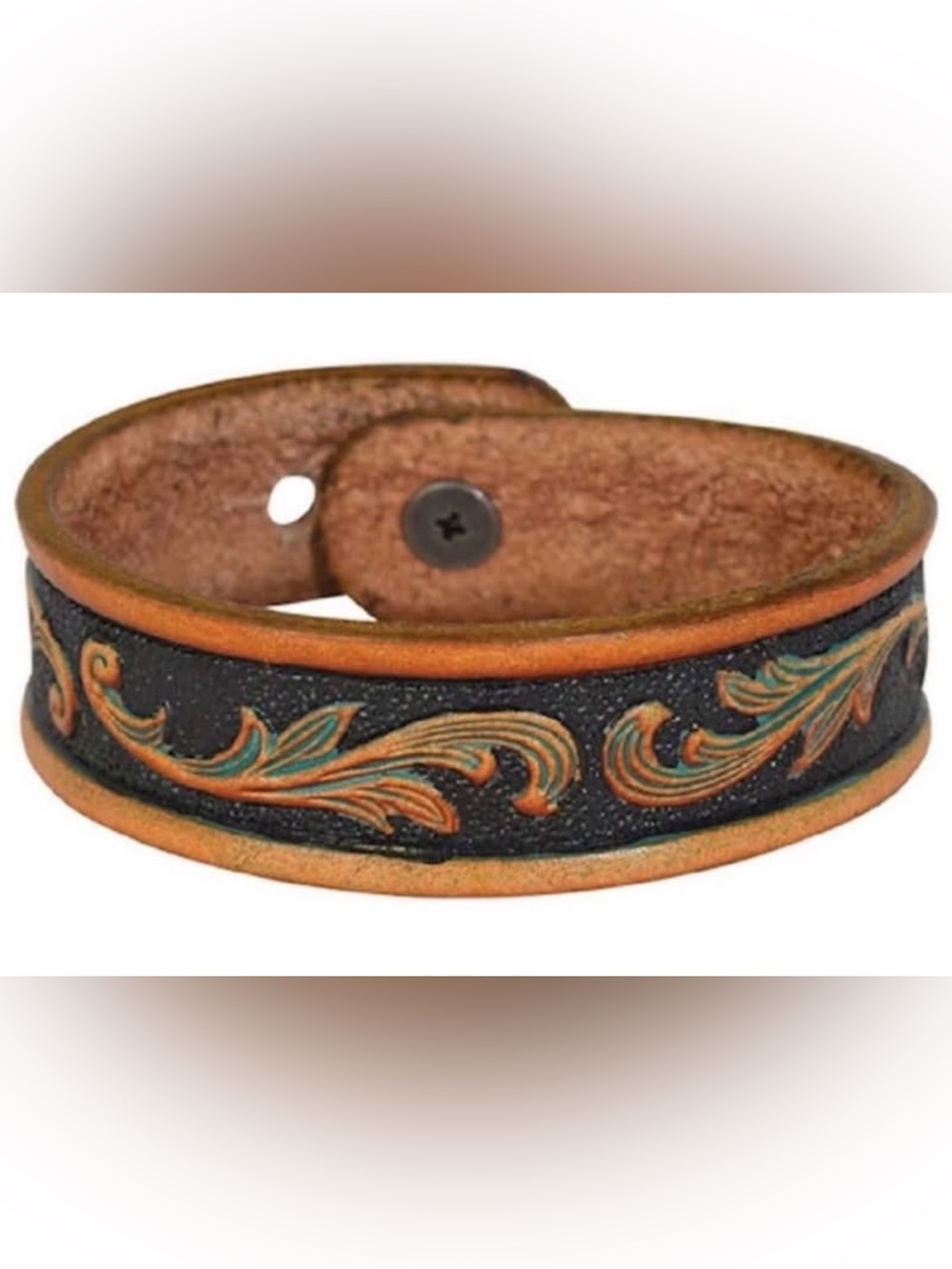 Tooled Leather Cuff Bracelet in Brown and Tan with Green Accents-Justin